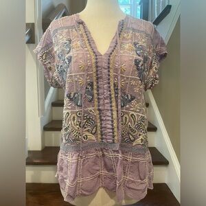 Johnny Was lavender silk embroidered top